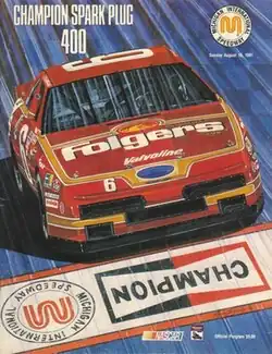 The 1991 Champion Spark Plug 400 program cover, featuring Mark Martin. Artwork by NASCAR artist Sam Bass.