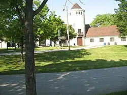 Colored dice with checkered background