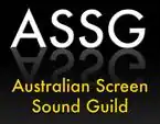 Initials of the Australian Screen Sound Guild, light grey shadow with the name in yellow on a square shaped black background.