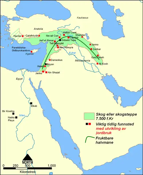 Image 15The Fertile Crescent in 7500 BC. The red squares designate farming villages. (from Cradle of civilization)