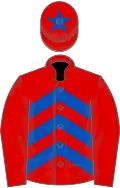 Red, royal blue chevrons, red sleeves, red cap, royal blue star