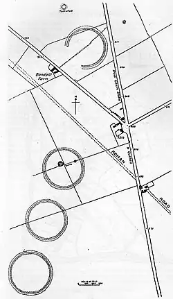 Three of the Priddy Circles and one barrow, 400&nbsp;m west of Castle Farm