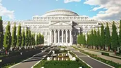 An in-game screenshot with blocky graphics of a white library in the neo-classical style, with a tree-lined path leading to it